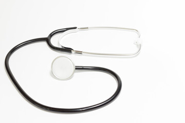 General view of a black stethoscope. Health care. Copy space.