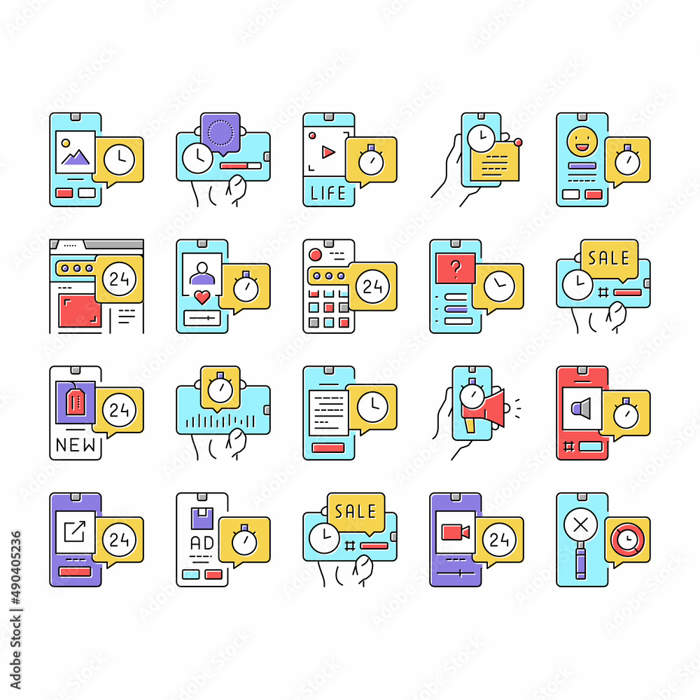 Poster ephemeral content collection icons set vector .