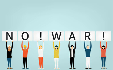反戦、戦争反対のイメージ、「No War」と書かれたプラカードを掲げ持つ人たち