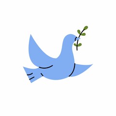 Vector illustration of blue dove in flight holding an Olive Branch. International day of peace. The dove of peace. 