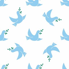 Seamless pattern of blue dove in flight holding an Olive Branch. International day of peace. The dove of peace background 