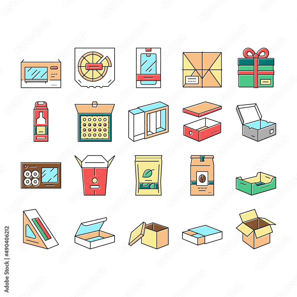 Poster box carton container collection icons set vector .
