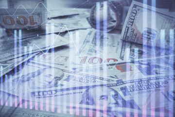Multi exposure of forex chart drawing over us dollars bill background. Concept of financial success markets.