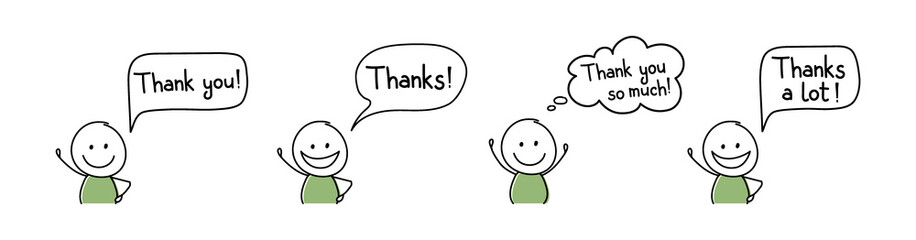 Smiley hand drawn character with text - thank you, thanks. Vector