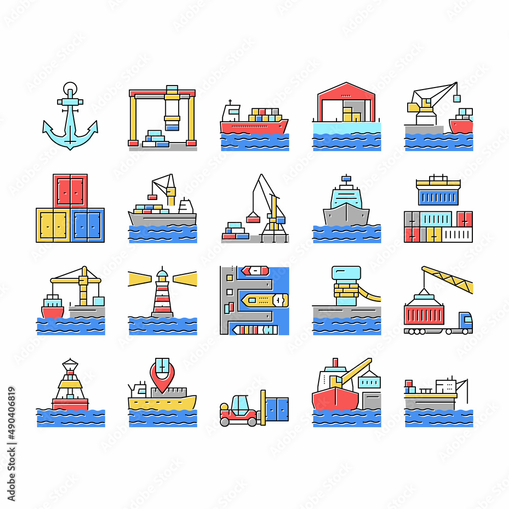 Poster container port tool collection icons set vector .