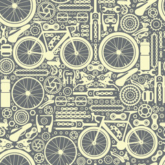 Fototapeta na wymiar Bicycles. Seamless pattern. Bicycle parts of bolts, nuts, stars for services, repair shops. Vector image.