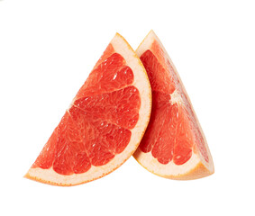 Two slides of fresh grapefruit close up on a white background.