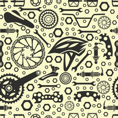 Bicycles.  Seamless pattern. Bicycle parts of bolts, nuts, stars for services, repair shops. Vector  image.