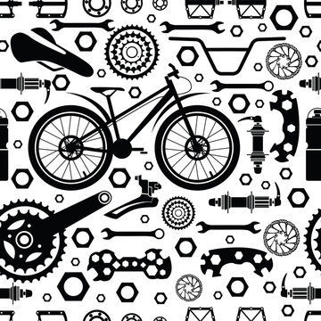 Bicycles.  Seamless pattern. Bicycle parts of bolts, nuts, stars for services, repair shops. Vector  image.