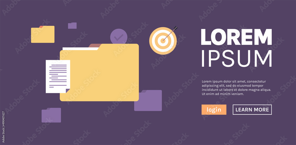 Poster file and folder with web homepage flat vector illustration.