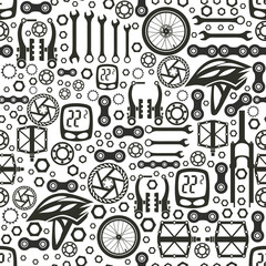 Bicycles.  Seamless pattern. Bicycle parts of bolts, nuts, stars for services, repair shops. Vector  image.
