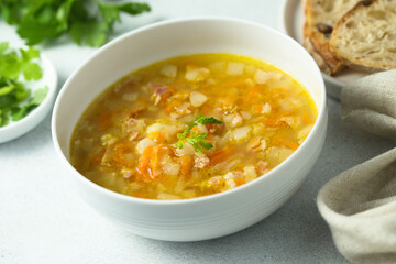 Traditional pea soup with smoked bacon	
