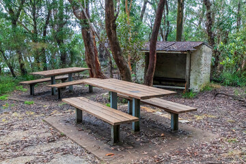 Fototapeta na wymiar Photograph of an old shelter and picnic area in The Blue Mountains in Australia