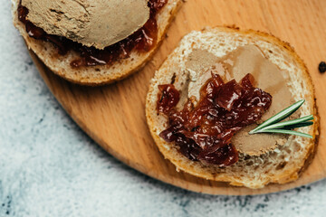 Homemade duck liver pate with red onion jam. Gourmet appetizers, Assorted Italian appetizer bruschetta. banner, menu, recipe place for text, top view