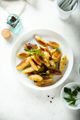 Traditional German potato dumplings with fried onion