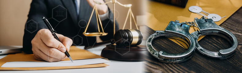 justice and law concept.Male judge in a courtroom on wooden table and Counselor or Male lawyer working in office. Legal law, advice and justice concept.