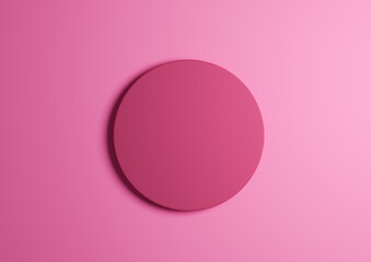 3D illustration of a bright pink circle podium or stand top view flat lay product display minimal, simple light pink background with copy space for text 