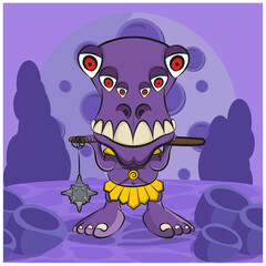 alien monster, creature, illustration Eyes, tongue, fang of teeth. Cartoon character.  Creature purple