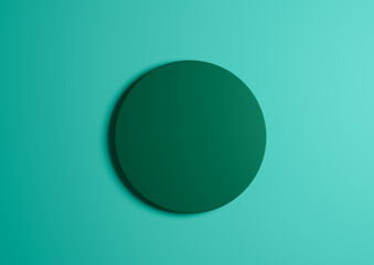 3D illustration of a dark green circle podium or stand top view flat lay product display minimal, simple bright turquoise background with copy space for text 