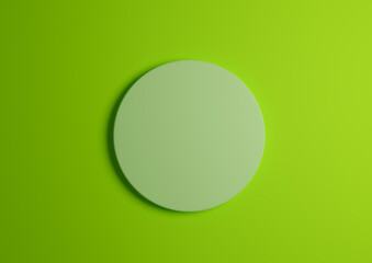 3D illustration of a light, pastel, green circle podium or stand top view flat lay product display minimal, simple bright, neon green background with copy space for text 