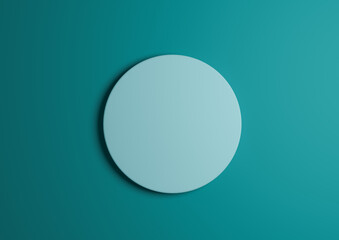 3D illustration of a light, pastel blue circle podium or stand top view flat lay product display minimal, simple bright turquoise background with copy space for text 