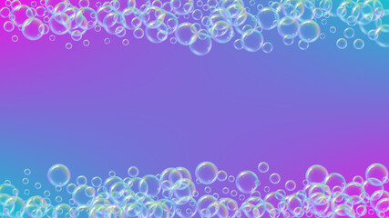 Detergent foam. Soap bath bubble and suds for bathtub. Shampoo. Aqua fizz and splash. Realistic water frame and border. 3d vector illustration invite. Blue colorful liquid detergent foam