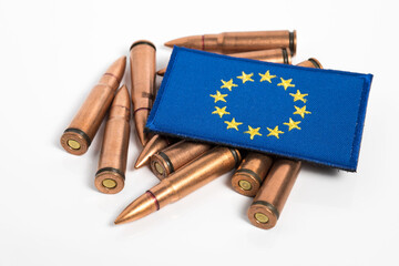 EU flag with weapon ammunition. EU delivery of weapons and ammo  to Ukraine. Military assistance...