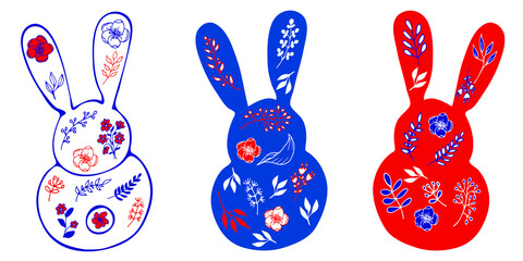 Easter bunny silhouettes collection. Rabbit icons decorated with flowers. Vector  hand drawn design elements isolated on white.
