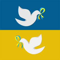 Obraz premium The dove, a symbol of peace with a ribbon in the color of the Ukrainian flag blue and yellow