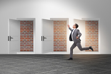 Businessman facing no exit with brick door