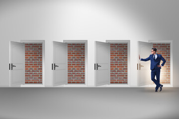 Businessman facing no exit with brick door