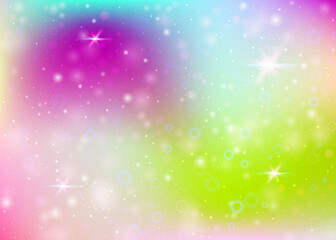 Unicorn background with rainbow mesh. Kawaii universe banner in princess colors. Fantasy gradient backdrop with hologram. Holographic unicorn background with magic sparkles, stars and blurs.