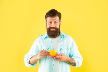 cheerful mature hipster with beard holding coffee cup on yellow background, beverage