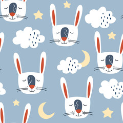 Seamless children's pattern with a muzzle of a hare and clouds, the moon and stars.