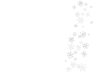 Fototapeta premium Snowflakes falling on white background. Horizontal Christmas and Happy New Year theme. Silver falling snowflakes for banner, gift card, party invitation, partner compliment and special business offers