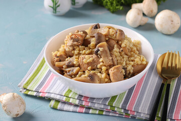 Pork with bulgur and champignons served in a white bowl, close-up