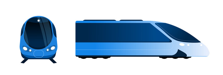 Modern train side and front view vector isolated illustration. Fast passenger and tourist vehicle for outside or subway. Set in flat style © bgpsh