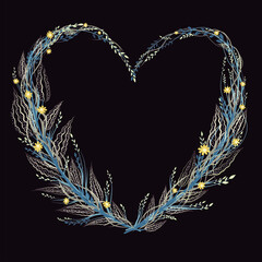 Wreath in the shape of a heart. Vector illustration. Leaves, plants