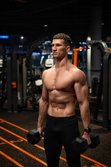 Fototapeta na wymiar Muscular man doing dumbbell workout in gym, bodybuilding