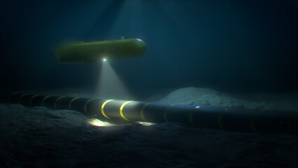 Naklejka na ściany i meble Autonomous underwater vehicle (AUV) rover-drone inspecting a submarine internet communication cable on the seabed in the ocean (3d illustration)