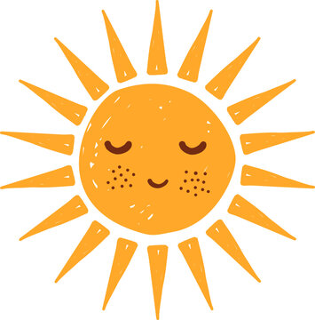 Yellow Doodle sun with closed eyes, nature illustration with  beams, happy hand drawn character