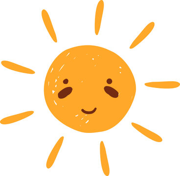 Yellow Smiling Doodle Sun, Nature Sketch Illustration With Open Eyes And Beam