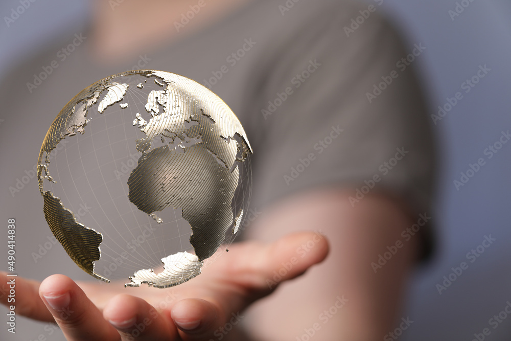 Aufkleber Digital hologram of the Earth with satellites on orbit. Digital globe with statistics data global