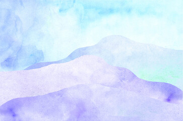 Obraz premium Watercolor background mountains, sky and hills, cyan, purple, turquoise, color transition watercolor blue background 