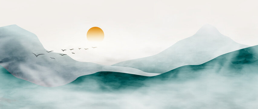 Landscape art background with mountains and hills in the fog. Stylish vector banner for decoration, design, wallpaper