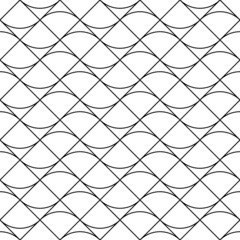 Grid motif. Ethnic embroidery ornament with repeated scallops. Scale. Repeat scallop background. Seamless surface pattern design with scales. Grill wallpaper. Crossed diagonal lines and curves. Vector