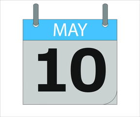 May 10st. Calendar icon. Month, date, year, holidays, week and weekend.