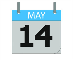 May 14st. Calendar icon. Month, date, year, holidays, week and weekend.