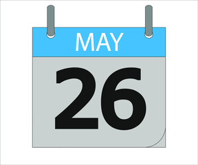 May 26st. Calendar icon. Month, date, year, holidays, week and weekend.