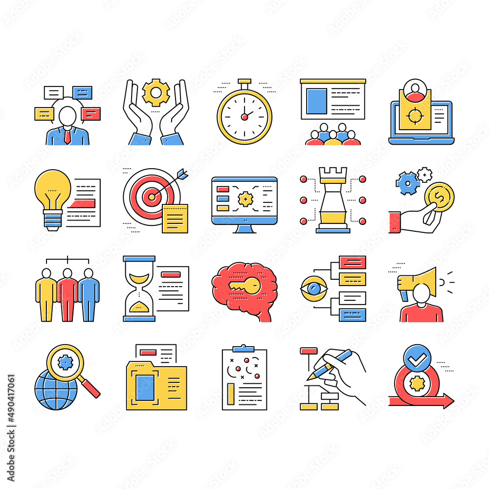 Poster project development collection icons set vector .